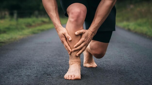 Persona che soffre di dolore al ginocchio osso digitale sul piede umano lesione causata da problemi di tendine