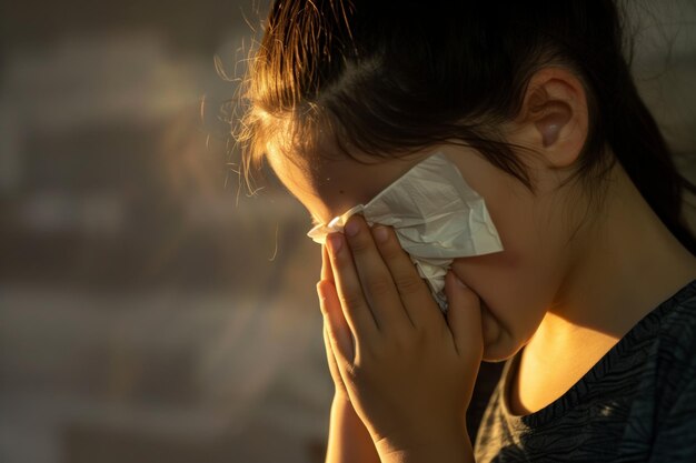Persona che starnutisce e copre la faccia con un tovagliolo di carta
