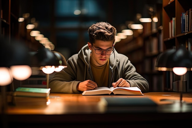 persona che studia in una biblioteca circondata dall'atmosfera tranquilla della conoscenza il soffice bagliore delle lampade da lettura che illuminano l'individuo concentrato immerso nei libri