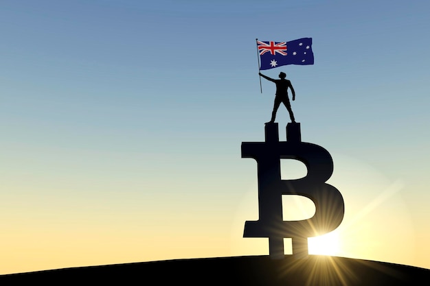 Persona che sventola una bandiera australiana in piedi sopra un simbolo di criptovaluta bitcoin d rendering