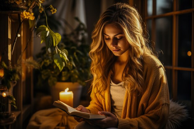 Persona che tiene delicatamente il diario alla luce soffusa delle candele che incapsulano un pacifico comfort hygge