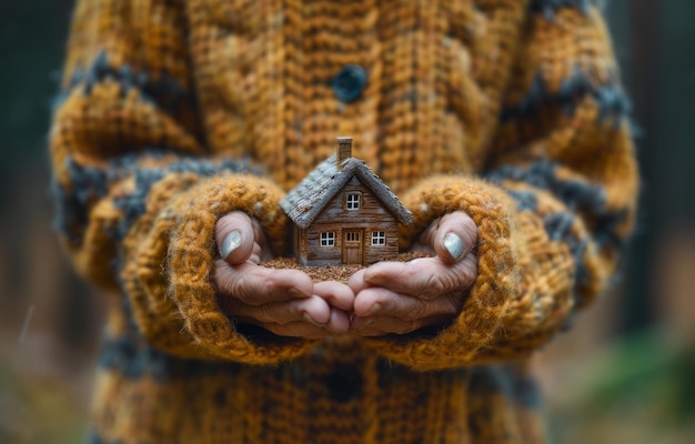 Persona che tiene in mano una piccola casa di legno