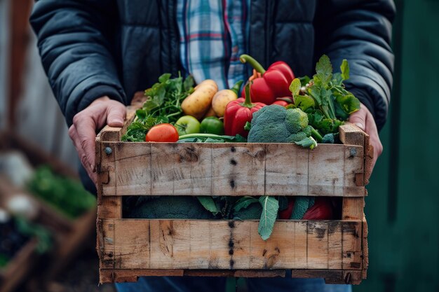 Persona che tiene la cassa di legno di verdure fresche