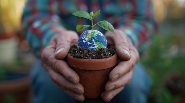 Persona che tiene la terra e la pianta in vaso