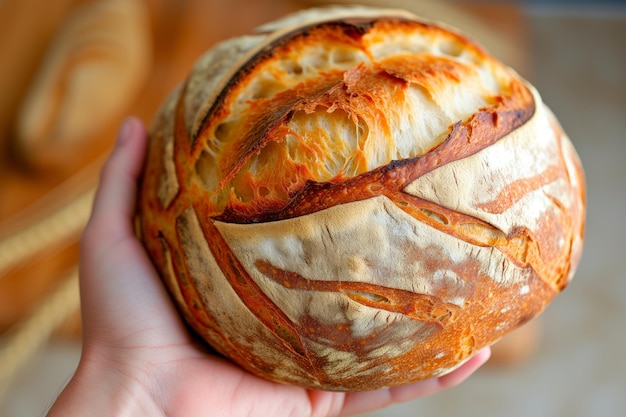 Persona che tiene un pane fatto in casa ha ottenuto una crosta perfetta