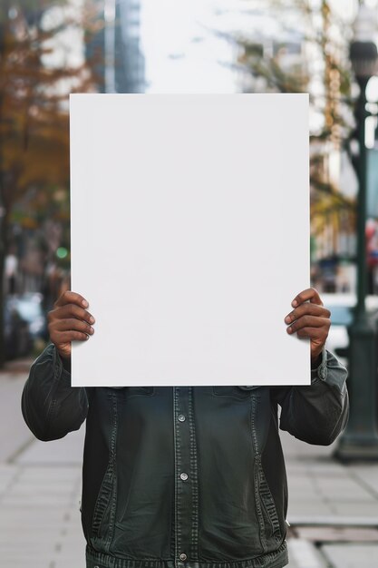 Persona che tiene un poster vuoto con spazio per la copia in un ambiente urbano