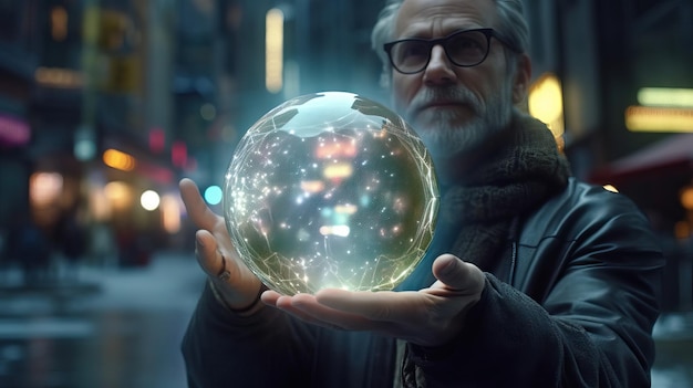 Persona che tiene una palla energetica al centro di una città massiccia concetto di potere magico