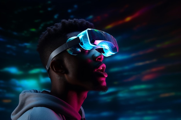 Persona che usa un auricolare di realtà virtuale VR per il gioco e l'istruzione