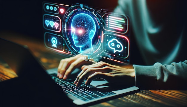 Persona che utilizza un portatile con un'interfaccia futuristica di intelligenza artificiale che simboleggia l'interazione tecnologica avanzata