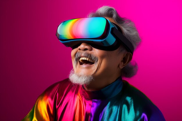 Persona che utilizza una cuffia per realtà virtuale VR Occhiali per il gioco e l'istruzione