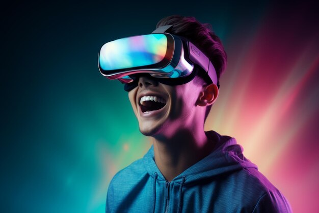 Persona che utilizza una cuffia per realtà virtuale VR Occhiali per il gioco e l'istruzione