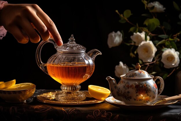 Persona che versa il tè in marmellata armudy vista laterale del limone