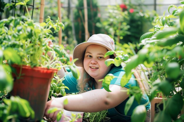 Persona con disabilità intellettiva che si prende cura delle piante in un giardino