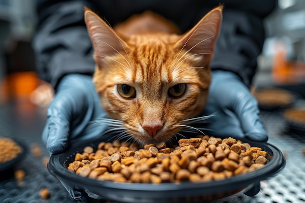 Persona con guanti blu che tiene una ciotola di cibo per gatti