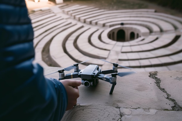 Persona con un controller di drone all'ingresso di un labirinto