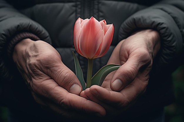 Persona con un fragile fiore di tulipano rosso