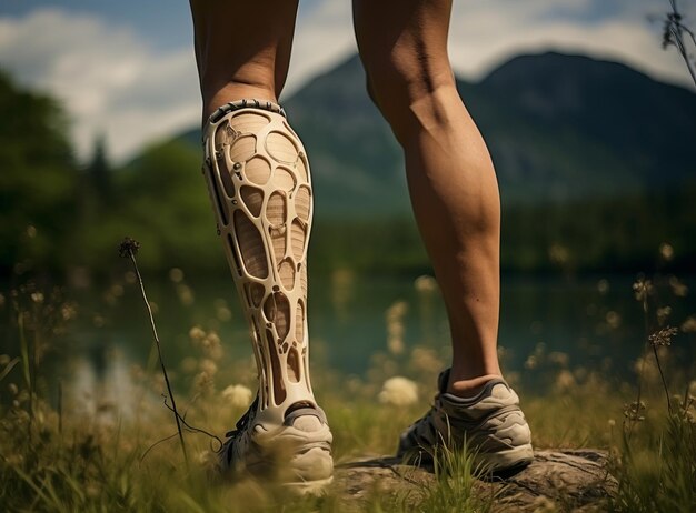 Persona con una gamba protetica in piedi su una roccia vicino a un lago sereno che mostra forza e determinazione