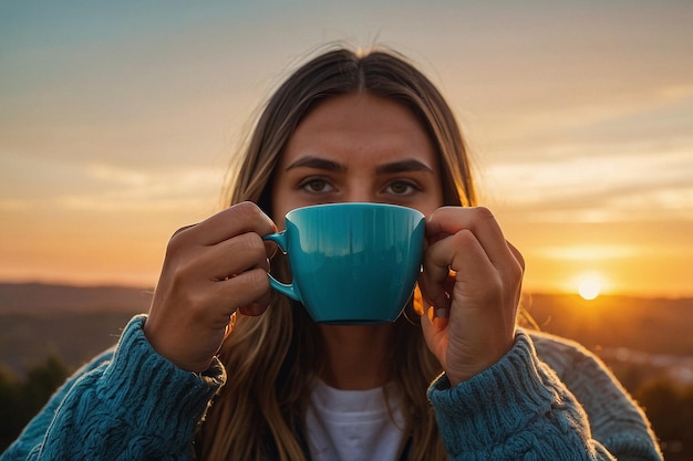 Persona con una tazza di caffè all'alba