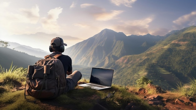 Persona con zaino da trekking seduta sulla cima di una montagna e che lavora con il notebook Nomade digitale