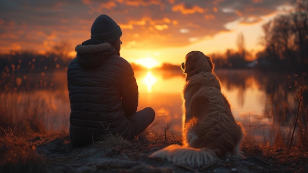 Persona e cane seduti vicino al lago al tramonto