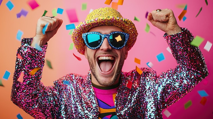 Foto persona eccitata che celebra con confetti colorati ad un evento festivo