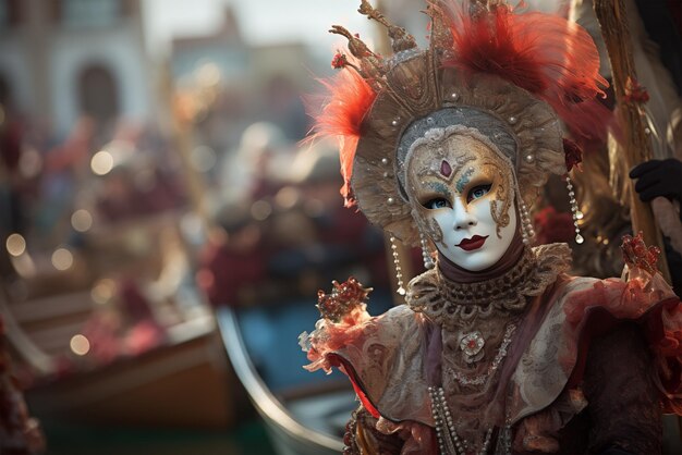 Persona elegante con un vibrante costume e una maschera di carnevale al Festival di Venezia