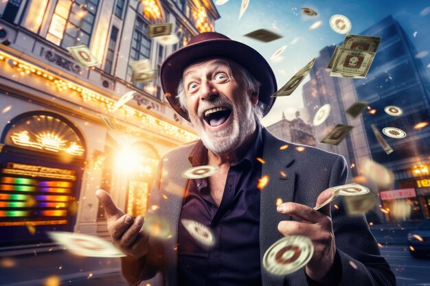 Persona fortunata vincere un grande jackpot dal gioco d'azzardo nel casinò nel concetto di fortuna scommesse e casinò intrattenimento comeliness