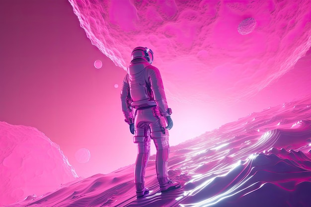 Persona futuristica che viaggia nel tempo e nello spazio nell'universo rosa
