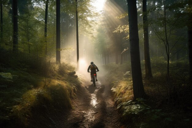 Persona in bicicletta attraverso la foresta in un viaggio avventuroso creato con l'intelligenza artificiale generativa