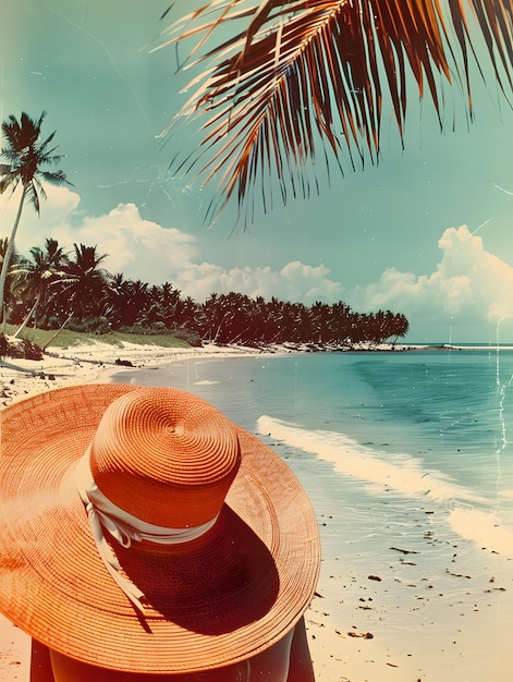 Persona in cappello da palme in spiaggia azzurra con acqua e cielo sullo sfondo