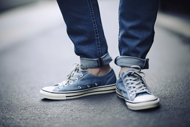 Persona in jeans e scarpe da ginnastica Closeup dei piedi Denim concetto di moda