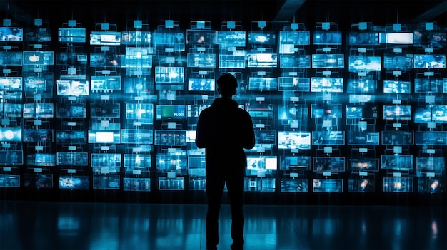 Persona in piedi davanti a schermi blu generati dall'AI