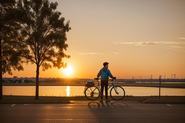 Persona in piedi in bicicletta al tramonto