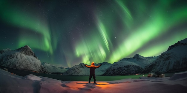 Persona in piedi in un paesaggio innevato con l'aurora boreale nel cielo e un lago di fronte a lui