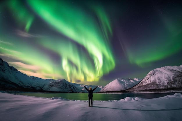 Persona in piedi in un paesaggio innevato con l'aurora boreale nel cielo