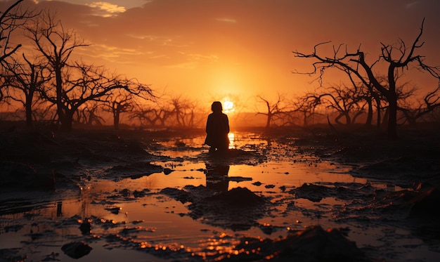 Persona in piedi in una pozzanghera al tramonto