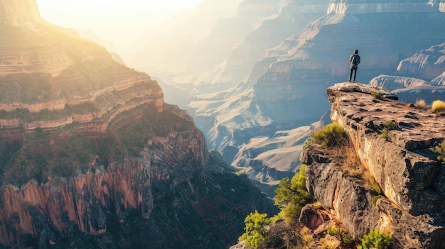 Persona in piedi sul bordo di una scogliera con vista su un lussureggiante canyon a mezzogiorno