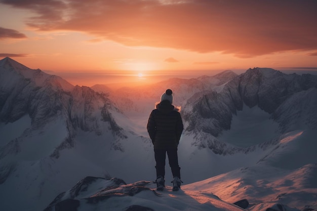 Persona in piedi sulla cima di una montagna che guarda l'orizzonte su un paesaggio innevato al tramonto