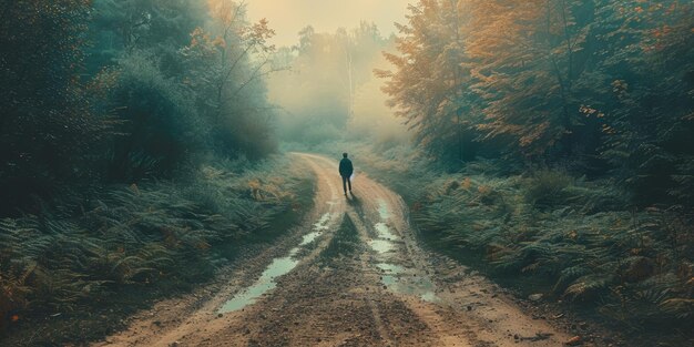 Persona in piedi sulla strada di terra in mezzo alla foresta AI generativa