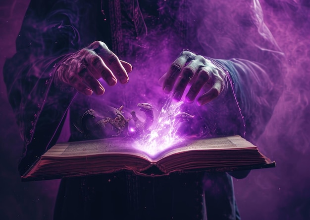 Persona in possesso di libro con luce viola che emette da esso