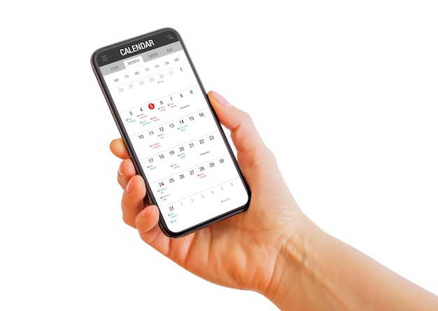 Persona in possesso di telefono con app calendario sullo schermo