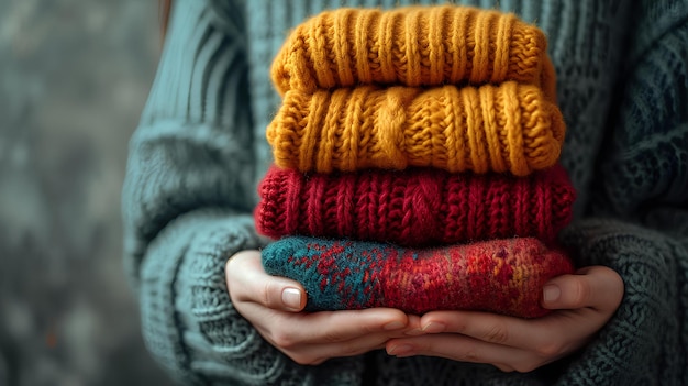Persona in possesso di una pila di maglioni invernali colorati
