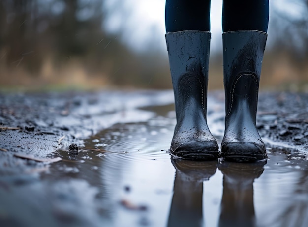 Persona in stivali neri in piedi in una pozzanghera fangosa in un giorno di pioggia in un ambiente naturale