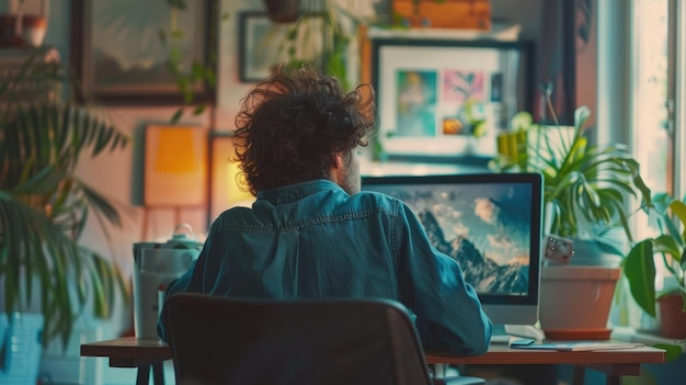 Persona in uno spazio di lavoro creativo profondamente nel pensiero mentre fissano il monitor del computer