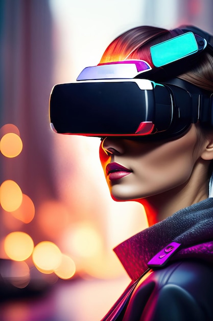 Persona inesistente di giovane donna alla moda che interagisce con la realtà virtuale indossando Virtua moderna