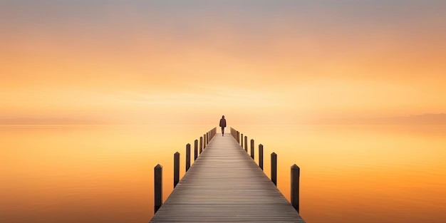 Persona lungo il molo al Sunrise Lake nello stile di Andreas Levers