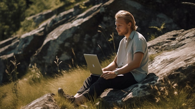 Persona nordica che lavora su un laptop all'aperto sotto il sole IA generativa