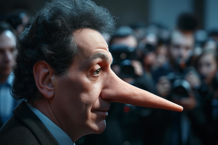 Persona politica con il naso molto lungo come Pinocchio che viene fotografata da una folla di giornalisti