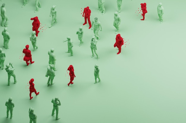 Persona rossa in una folla di persone Concetto pandemico su sfondo verde pastello rendering 3d