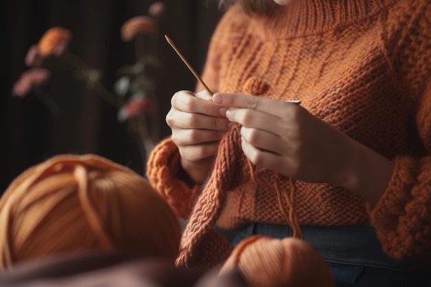 Persona sapientemente lavorata a maglia maglione in colori caldi creati con intelligenza artificiale generativa